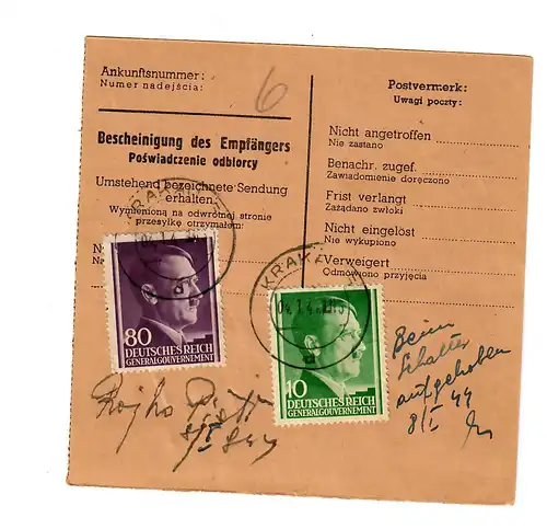 Generalgouvernement GG: Inland Wert-NN Paketkarte Krakau - Tryncza 1944
