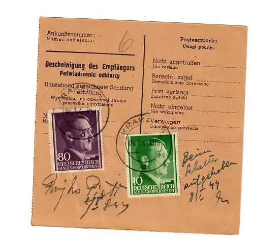 Gouvernement général GG: Carte de colis de valeur nationale NN Cracovie - Trynicza 1944