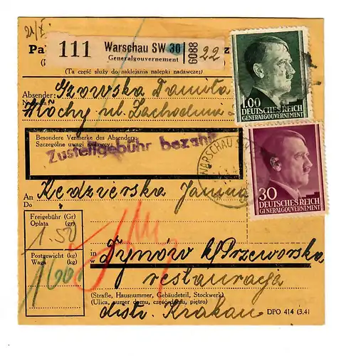 Generalgouvernement GG: Inland Paketkarte Warschau nach Dynow/Przeworsk 1943
