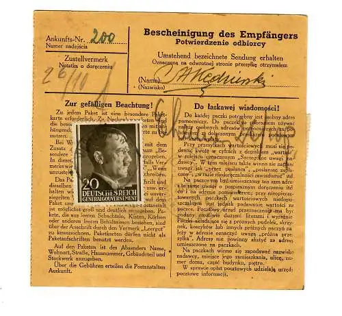 Gouvernement général GG: Carte de colis intérieur Varsovie vers Dynov/Przevorsk 1943