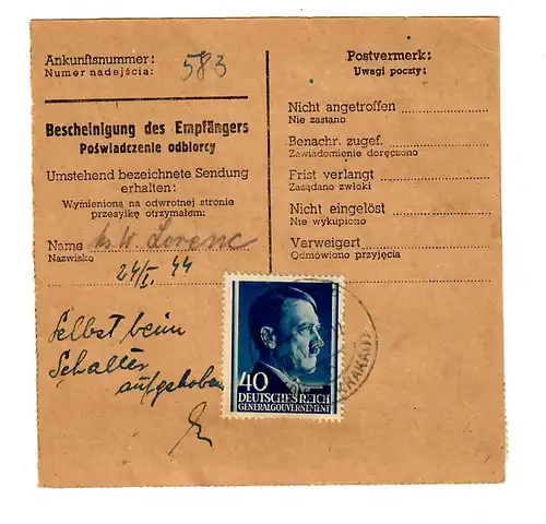 Gouvernement général GG: Carte de colis national NN Reichshof après Tryncza 1944