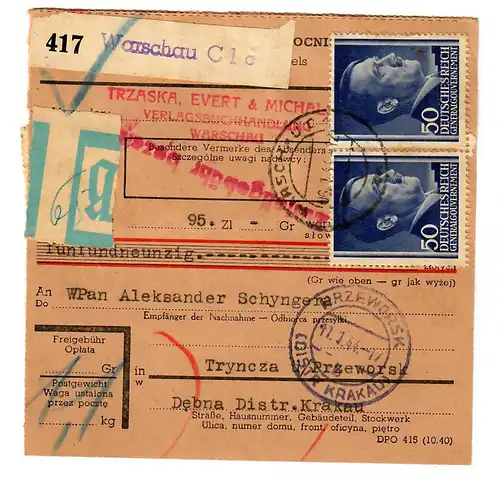 Generalgouvernement GG: Inland NN Paketkarte Warschau-Tryncza, 1944, Beutelpost