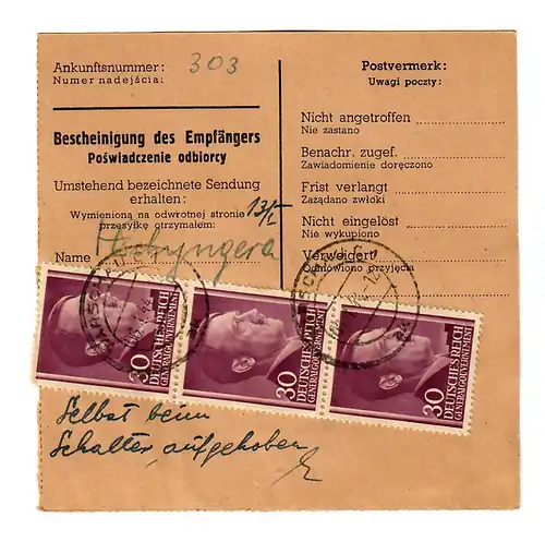 Generalgouvernement GG: Inland NN Paketkarte Warschau-Tryncza, 1944, Beutelpost