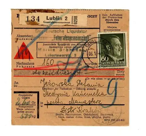 GG: Carte de colis nationale NN Lublin Manasterz, 1944,Sperrze