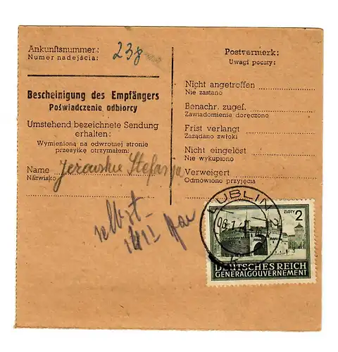 GG: Carte de colis nationale NN Lublin Manasterz, 1944,Sperrze