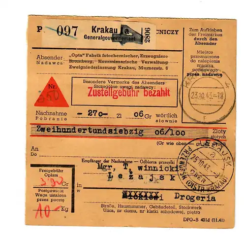 Gouvernement général GG: carte de colis nationale NN Cracovie-Lezajsk, 1943
