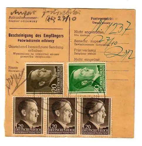 Gouvernement général GG: carte de colis nationale NN Cracovie-Lezajsk, 1943