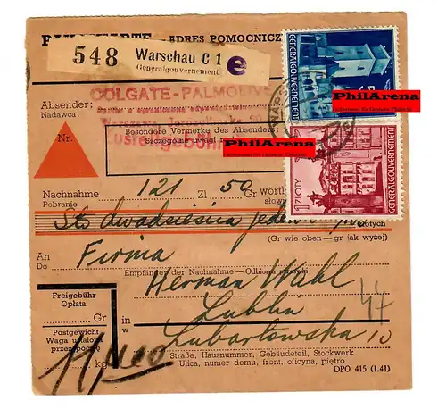 Generalgouvernement GG: Inland NN Paketkarte Warschau-Lublin, 1941