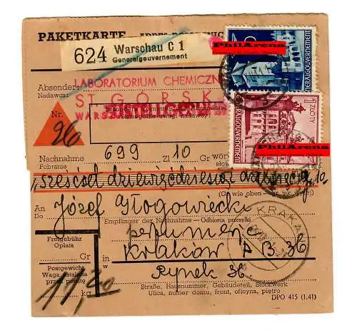 Gouvernement général GG: carte de colis nationale NN Varsovie-Cracovie 1941