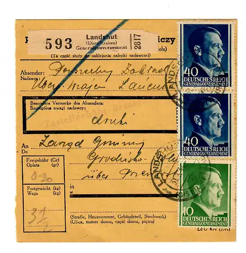 Generalgouvernement GG: Inland Paketkarte Landshut nach Grodzisko, 1944
