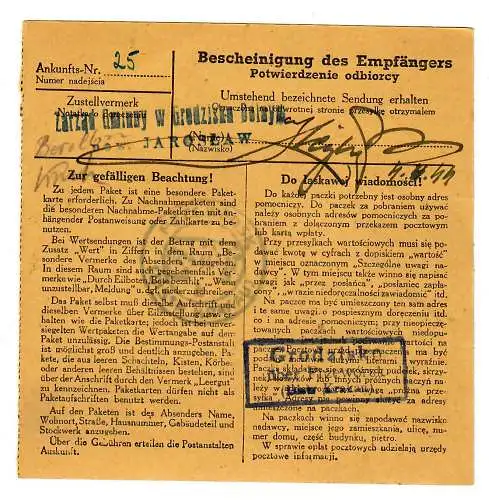 Gouvernement général GG: Carte de colis intérieur Landshut vers Grodzisko, 1944