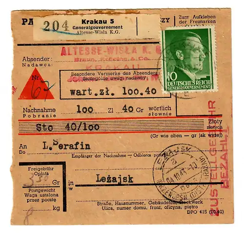 Gouvernement général GG: Carte de colis nationale NN Cracovie-Lezajs - Auto-réservation 1943