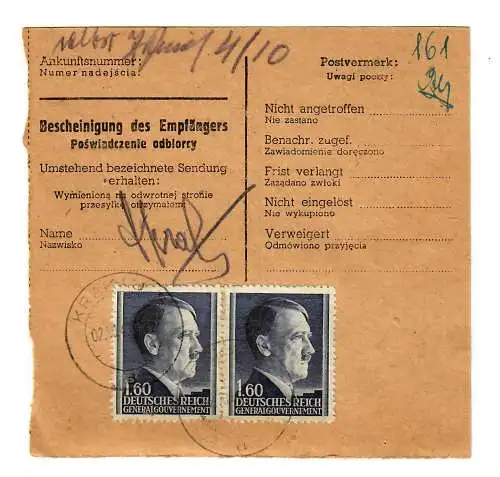 Generalgouvernement GG: Inland NN Paketkarte Krakau-Lezajs - Selbstbucher 1943