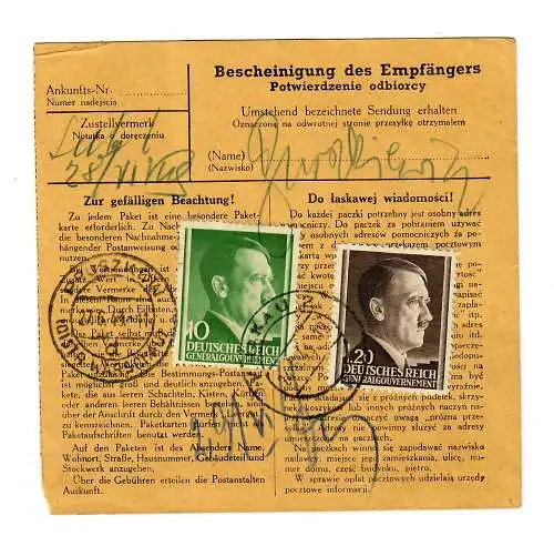 Gouvernement général GG: Carte de colis intérieur de Cracovie à Pruszkov 1943