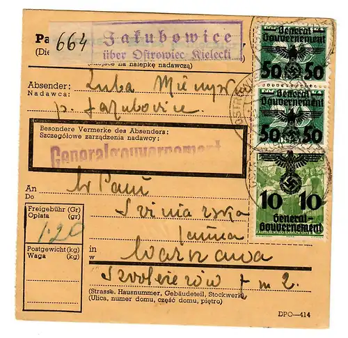 Generalgouvernement GG: Inland Paketkarte von Jakubowice nach Warschau 1940