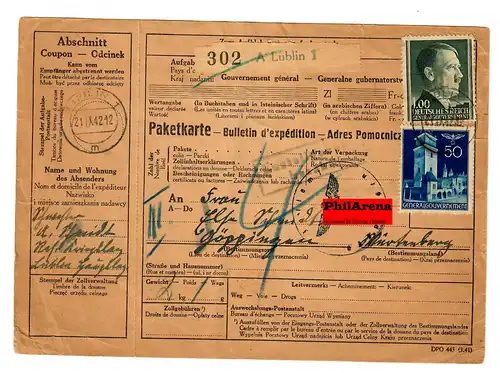 Generalgouvernement GG: Ausland Paketkarte Lublin nach Göppingen 1942