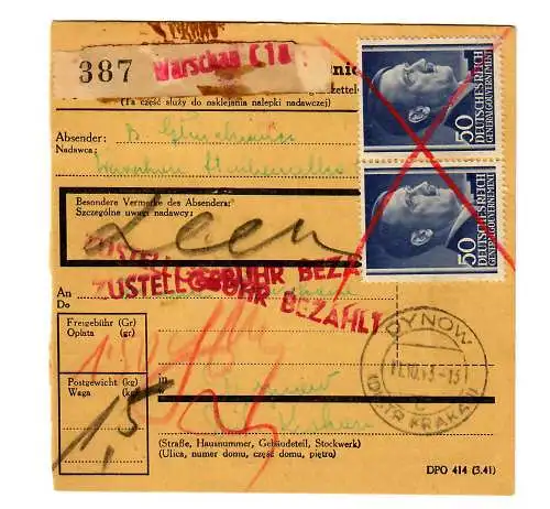 Generalgouvernement GG: Inland Paketkarte Warschau nach Dynow 1943