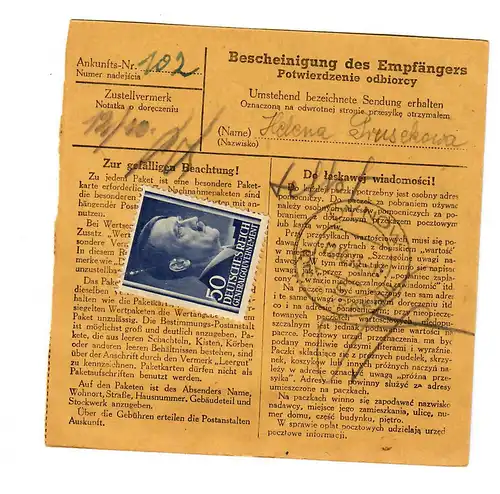 Generalgouvernement GG: Inland Paketkarte Warschau nach Dynow 1943