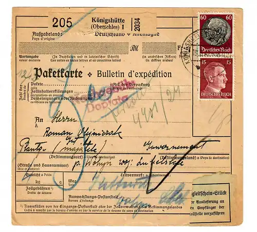 Generalgouvernement GG: Ausland Paketkarte Königshütte nach Wobyn 1942