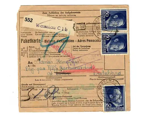 Generalgouvernement GG: Ausland Paketkarte Warschau nach Ost Berlin 1944