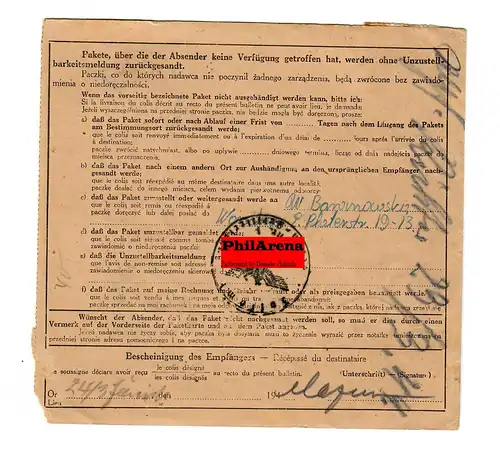 Gouvernement général GG: Carte de colis à l'étranger Varsovie vers Berlin-Est 1944