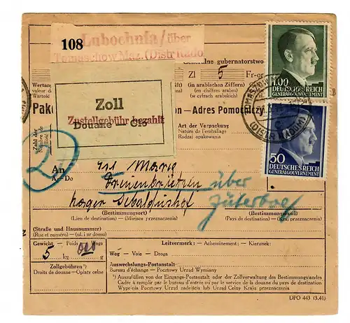 Generalgouvernement GG: Ausland Paketkarte Lubochnia nach Treuenbrietzen 1944