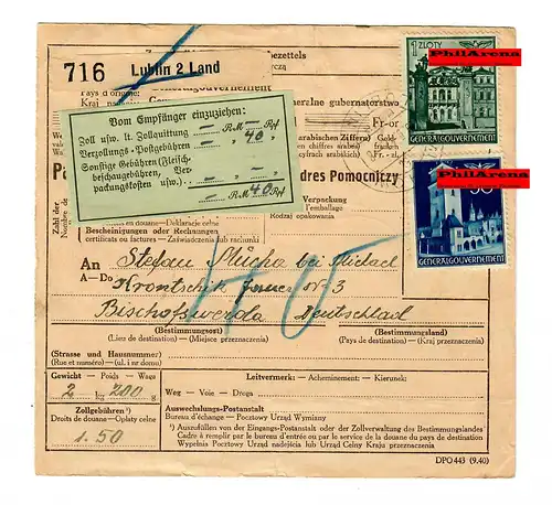 Generalgouvernement GG: Ausland Paketkarte Lublin nach Bischofswerda, 1942