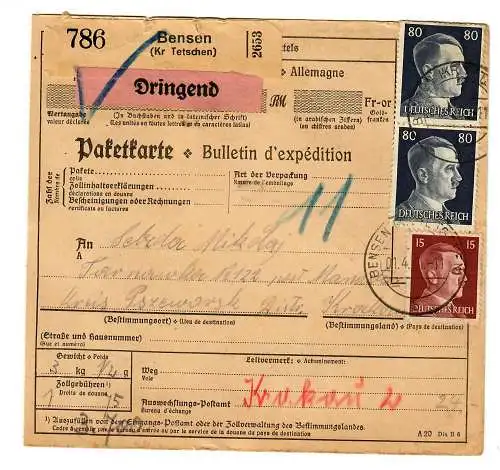 Generalgouvernement GG: Ausland Paketkarte Bensen nach Przeworsk, 1944