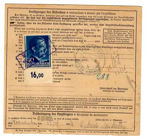 Generalgouvernement GG: Ausland Paketkarte Bensen nach Przeworsk, 1944