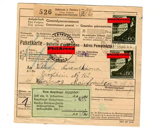 Generalgouvernement GG: Ausland Paketkarte Dabrowa nach Würzburg 1942