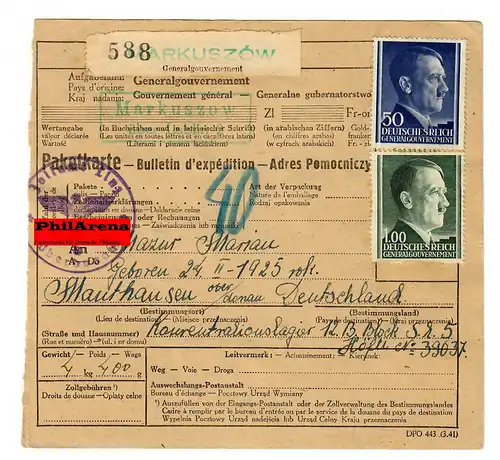Generalgouvernement GG: Ausland Paketkarte Markuszow an KZ Mauthausen, 1944