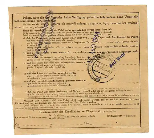 Generalgouvernement GG: Ausland Paketkarte Markuszow an KZ Mauthausen, 1944