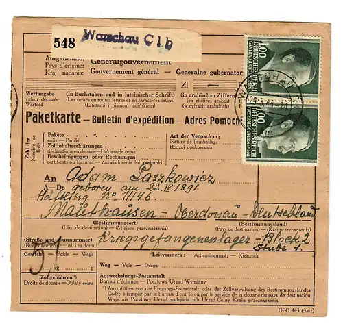 Generalgouvernement GG: Ausland Paketkarte Warschau an KZ Mauthausen, 1944