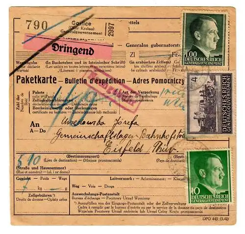 Generalgouvernement GG: Ausland Paketkarte Gorlice nach Eisfeld, 1943, DRINGEND