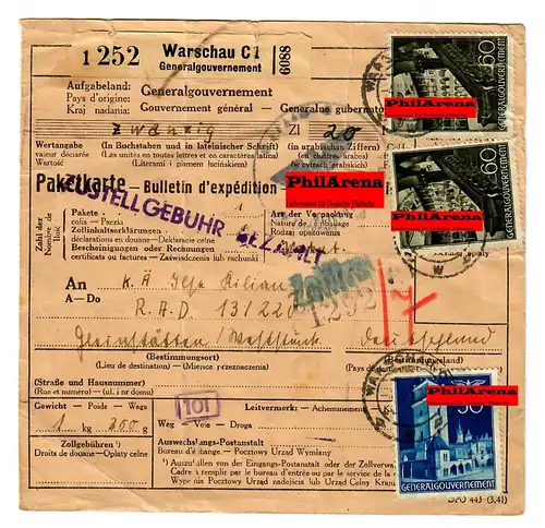 Gouvernement général GG: Carte de colis à l'étranger Varsovie vers Gleinstäten, 1942