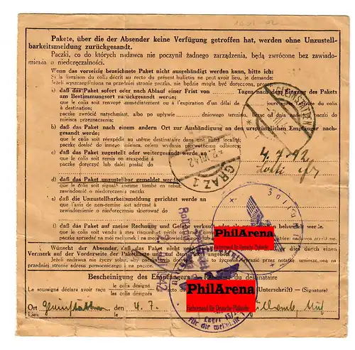 Gouvernement général GG: Carte de colis à l'étranger Varsovie vers Gleinstäten, 1942