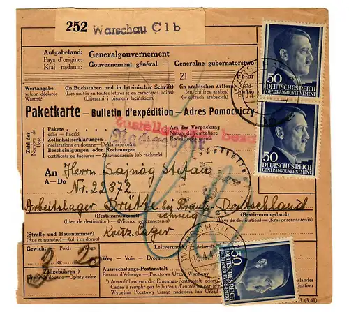 Generalgouvernement GG: Ausland Paketkarte Warschau an KZ Neugamme, 1944, BPP