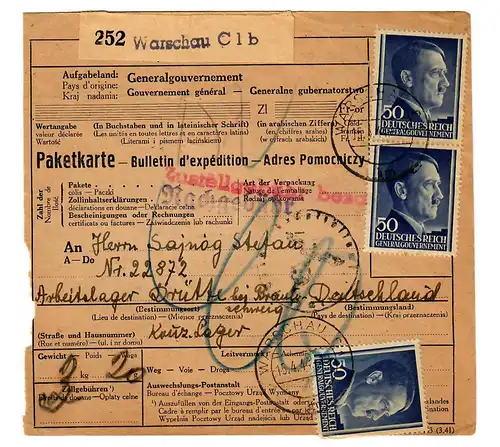 Gouvernement général GG: Carte de colis à l'étranger Varsovie à KZ Neugamme, 1944, BPP