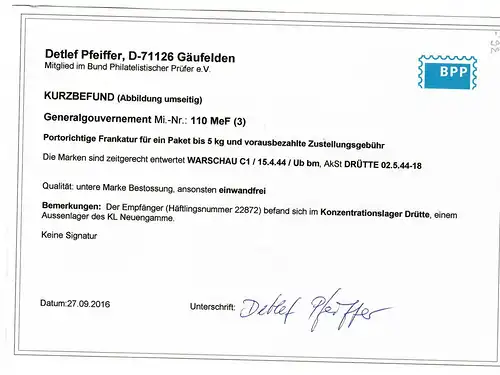 Gouvernement général GG: Carte de colis à l'étranger Varsovie à KZ Neugamme, 1944, BPP