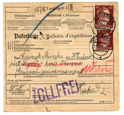 Generalgouvernement GG: Ausland Paketkarte Tuttlingen nach Dynow, 1944