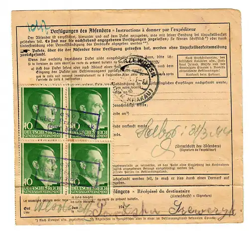 Generalgouvernement GG: Ausland Paketkarte Tuttlingen nach Dynow, 1944