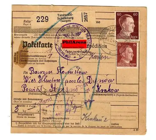 Gouvernement général GG: carte de colis Tannwald-Schuburg-Krosno, 1944