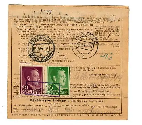 Generalgouvernement GG: Ausland Paketkarte Tannwald-Schuburg-Krosno, 1944