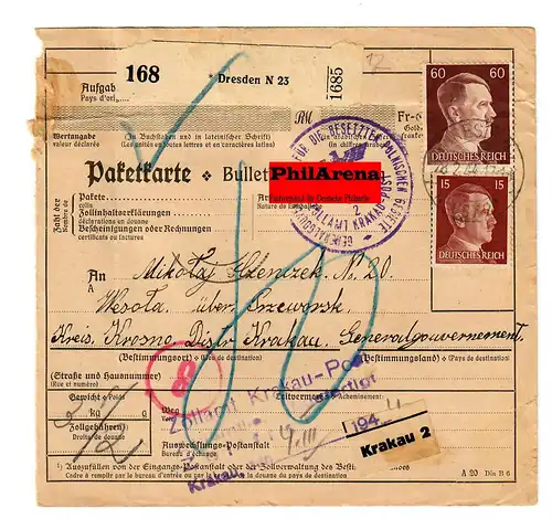Gouvernement général GG: Carte de colis Dresde vers Wesola, 1944
