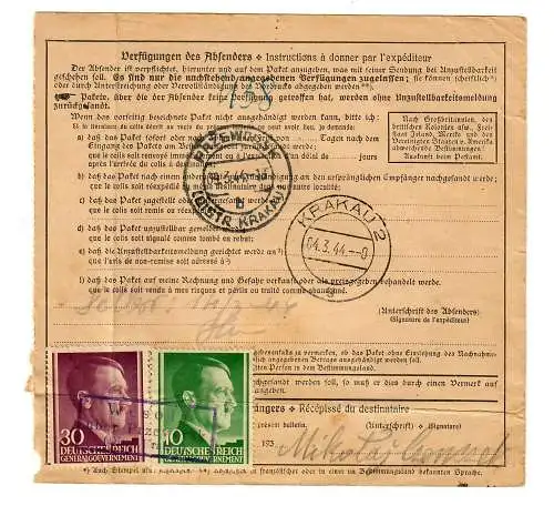 Generalgouvernement GG: Ausland Paketkarte Dresden nach Wesola, 1944