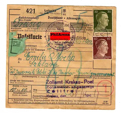 Generalgouvernement GG: Ausland Paketkarte Lobnitz - Jawornik 1944