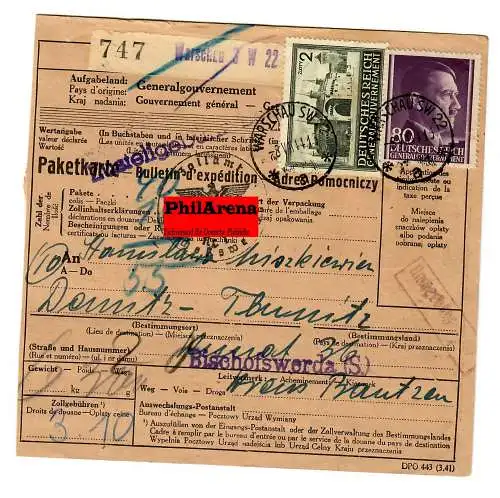 Generalgouvernement GG: Ausland Paketkarte Warschau nach Bischofswerda, 1944