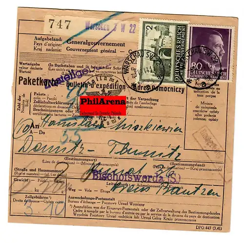 Gouvernement général GG: Carte de colis à l'étranger Varsovie vers évêque, 1944
