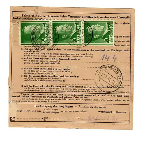 Generalgouvernement GG: Ausland Paketkarte Warschau nach Bischofswerda, 1944