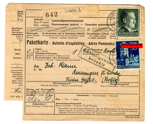 Generalgouvernement GG: Ausland Paketkarte Lublin nach Renningen, 1942